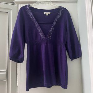Empire Waist 3/4 Sleeve Sequin Embellished Lightweight Sweater, Size M, Purple